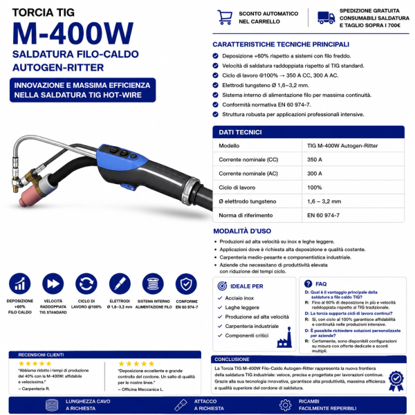 Torcia TIG M-400W Autogen-Ritter porta la saldatura TIG a un nuovo livello grazie alla tecnologia Hot Wire
