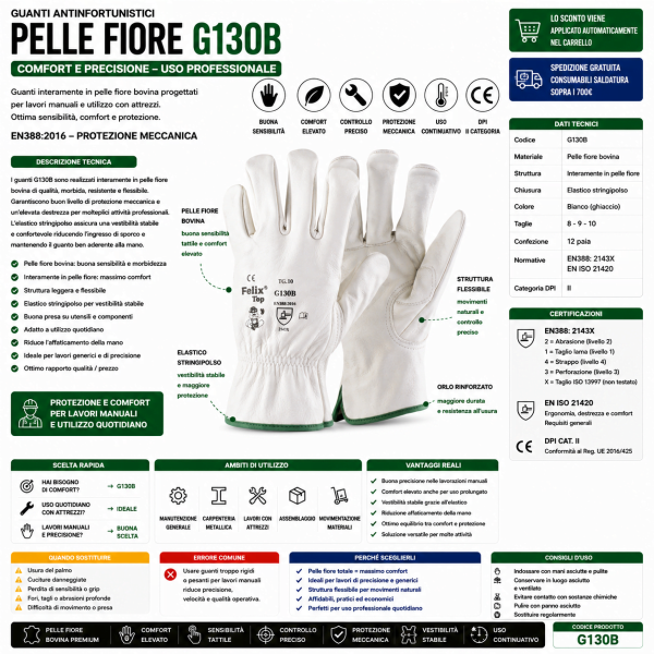 Guanti antinfortunistici G130B interamente in pelle fiore bovina