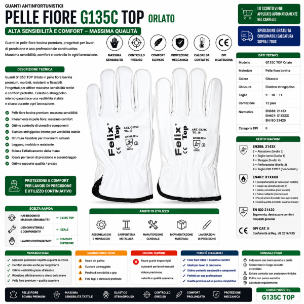 Guanti in pelle fiore bovina G135C TOP Orlato EN388 2143X alta sensibilità