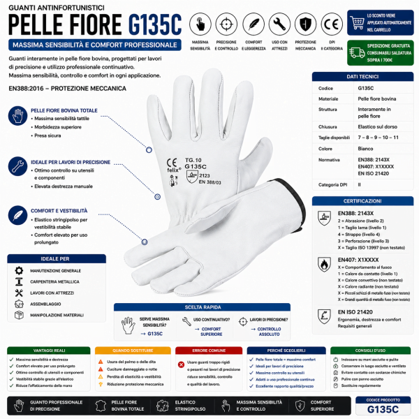 Guanti antinfortunistici G135C interamente in pelle fiore bovina