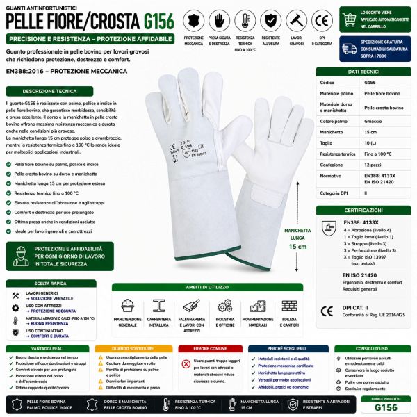 Guanto da lavoro G156 in pelle fiore e crosta bovino