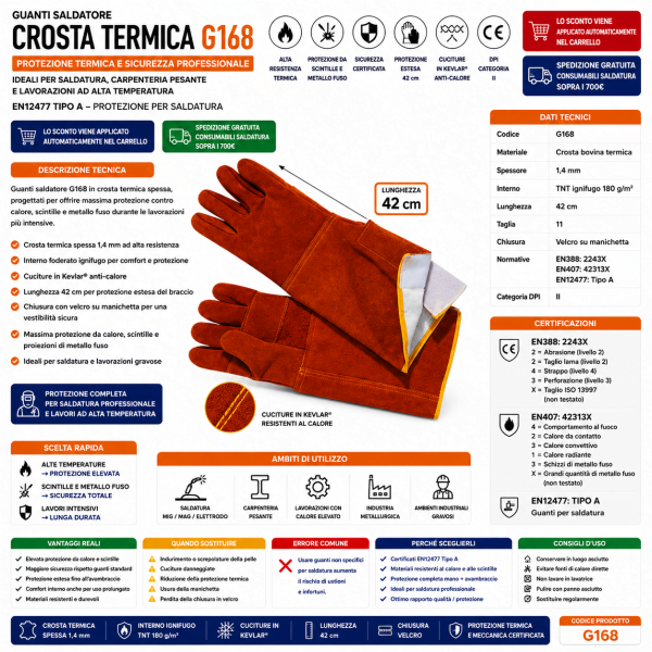 Guanto ignifugo G168 in crosta aragosta con fodera interna TNT