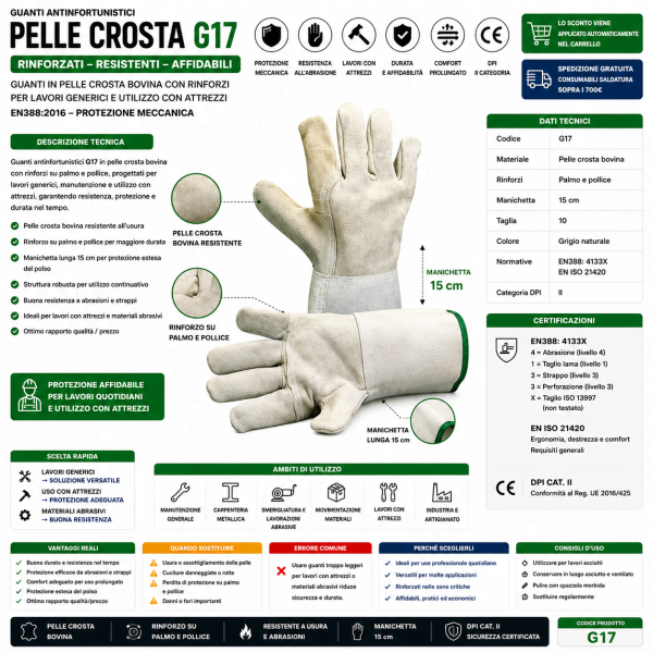 Guanti G17 in crosta bovina con rinforzi su palmo e pollice