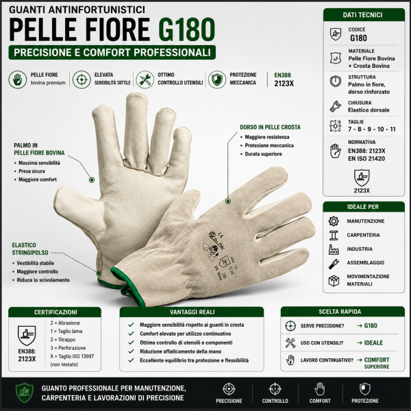 Guanti antinfortunistici G180 in pelle fiore bovina, progettati per lavori di precisione e utilizzo con attrezzi