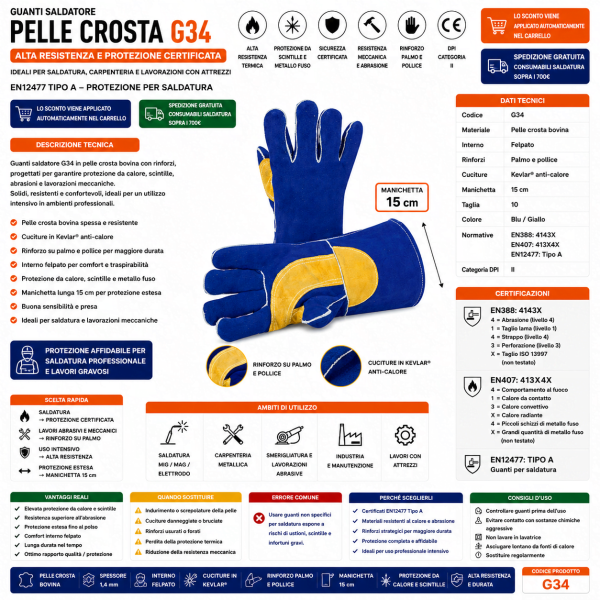 Guanti saldatore G34 in pelle crosta bovina con rinforzi