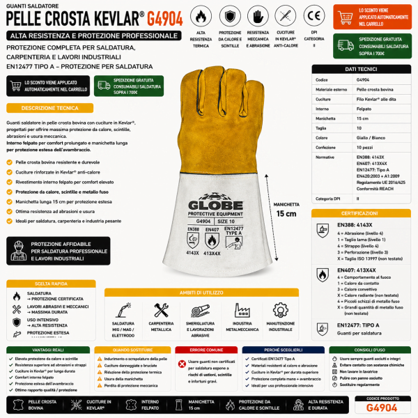 Guanti Crosta-Bovina Protezione-Kevlar Globe G4904