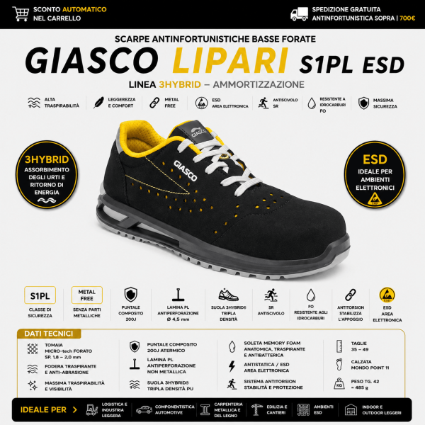Giasco LIPARI S1PL sono scarpe antinfortunistiche basse forate progettate per offrire massima traspirabilità