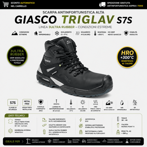 Giasco TRIGLAV S7S è una scarpa antinfortunistica alta professionale progettata per affrontare condizioni climatiche e operative estreme