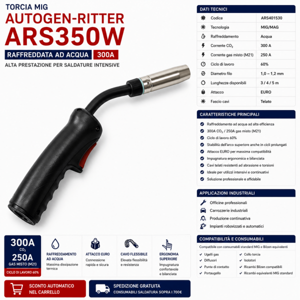 Torcia MIG Autogen-Ritter ARS350W raffreddata ad acqua 300A attacco Euro
