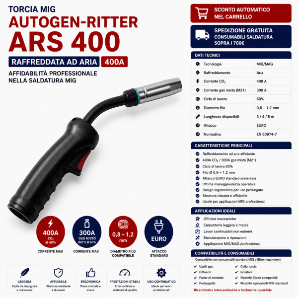 Torcia MIG Autogen-Ritter ARS 400 raffreddata ad aria 400A attacco Euro