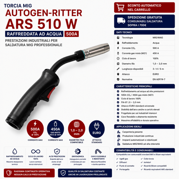 Torcia MIG Autogen-Ritter ARS 510 W raffreddata ad acqua 500A ciclo 100% attacco Euro