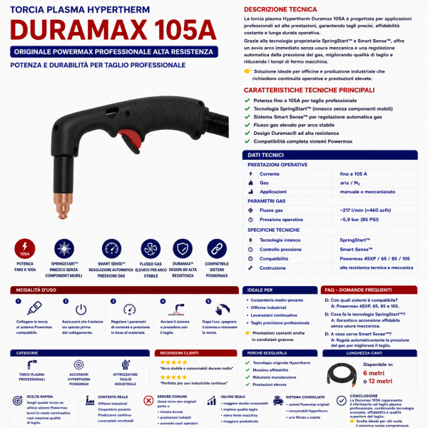 torcia plasma Hypertherm Duramax 105A è progettata per applicazioni professionali ad alte prestazioni