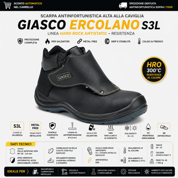 Giasco ERCOLANO S3L è una scarpa antinfortunistica alta alla caviglia progettata per affrontare ambienti industriali ad alto rischio