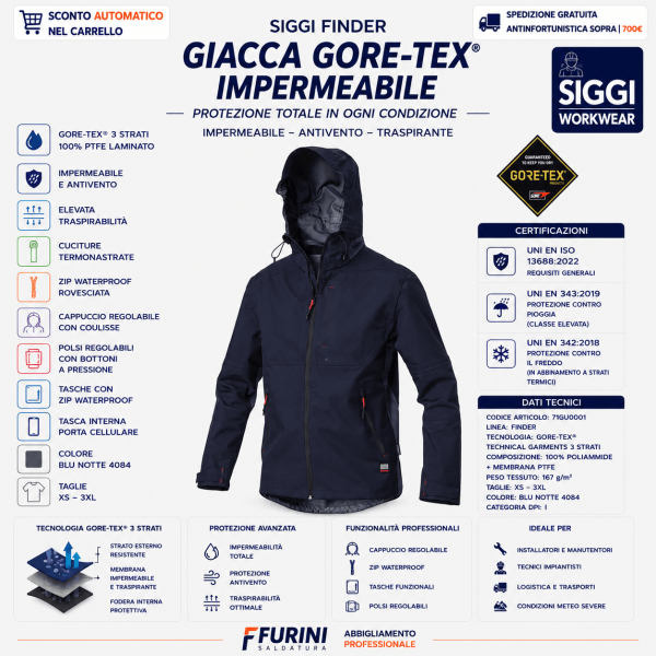 Giacca Siggi FINDER 71GU0001 è un guscio tecnico professionale progettato per ambienti outdoor impegnativi