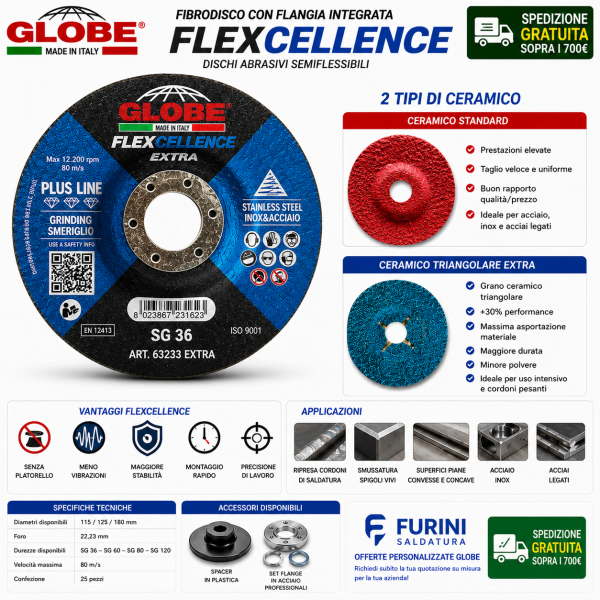 Fibrodisco GLOBE FLEXCELLENCE senza platorello per smerigliatura acciaio e inox