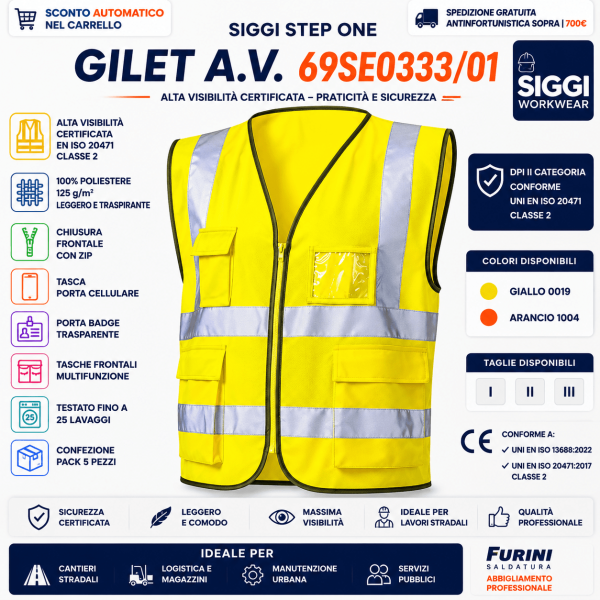 Gilet Siggi STEP ONE Alta Visibilità 69SE0333/01 è un dispositivo di protezione individuale progettato per garantire visibilità certificata