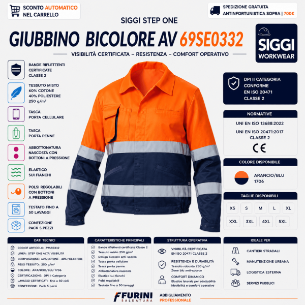 Giubbino Siggi STEP ONE AV Bicolore 69SE0332 è progettato per garantire visibilità certificata, robustezza industriale