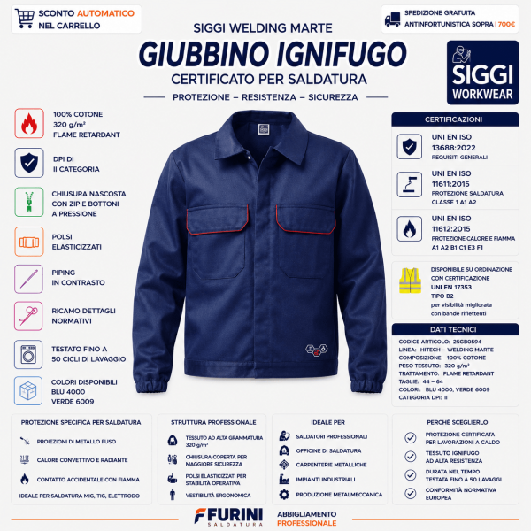 Giubbino Siggi WELDING MARTE 25GB0594 è progettato per operatori esposti a: Spruzzi di metallo fuso Calore convettivo e radiante Fiamma accidentale durante saldatura