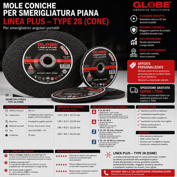 Mola conica GLOBE PLUS Type 28 per smerigliatura piana e cordoni di saldatura