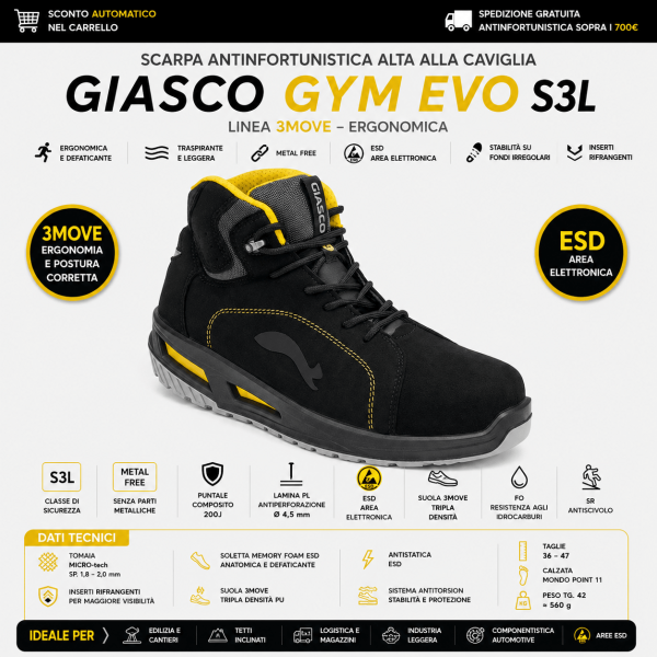 Giasco GYM EVO S3L è una scarpa antinfortunistica alta alla caviglia progettata per garantire ergonomia