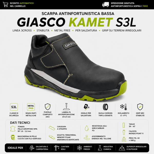 Giasco KAMET S3L sono scarpe antinfortunistiche basse progettate per ambienti gravosi, saldatura e contesti outdoor