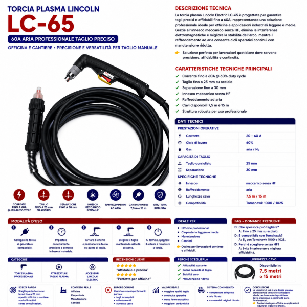 torcia plasma Lincoln Electric LC-65 è progettata per garantire tagli precisi e affidabili fino a 60A