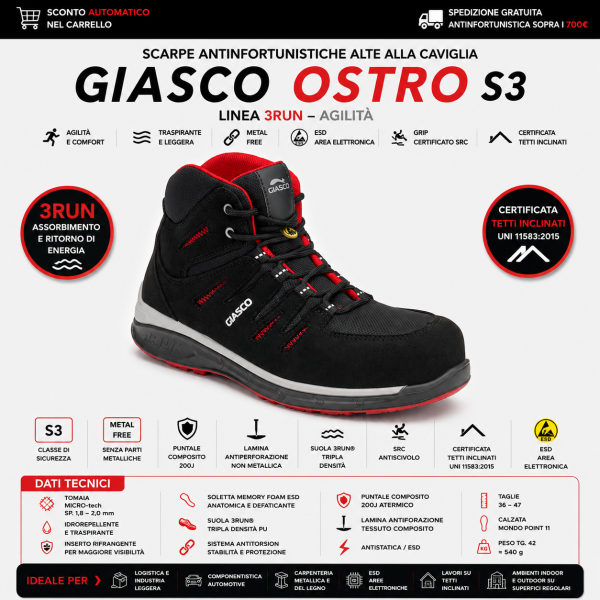 Giasco OSTRO S3 sono scarpe antinfortunistiche alte alla caviglia progettate per offrire agilità