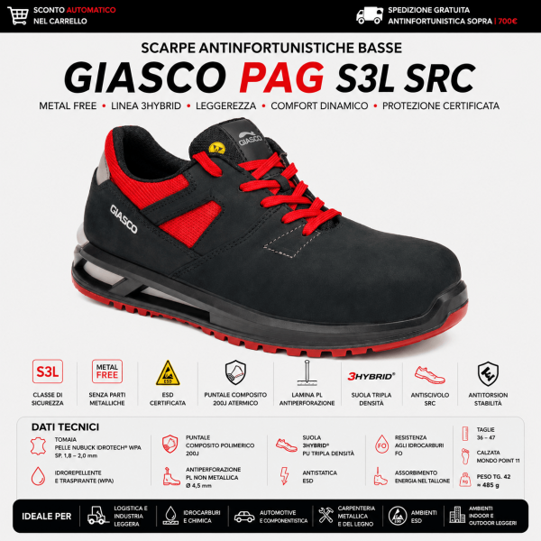 Giasco PAG S3L sono scarpe antinfortunistiche basse progettate per offrire un equilibrio perfetto tra leggerezza