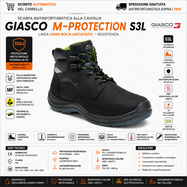 Giasco M-PROTECTION S3L sono scarpe antinfortunistiche alla caviglia progettate per i contesti industriali più gravosi
