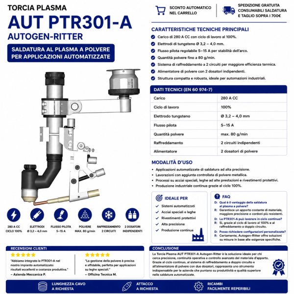 Torcia Plasma AUT PTR301-A Autogen-Ritter rappresenta l’evoluzione tecnologica nella saldatura a polvere al plasma