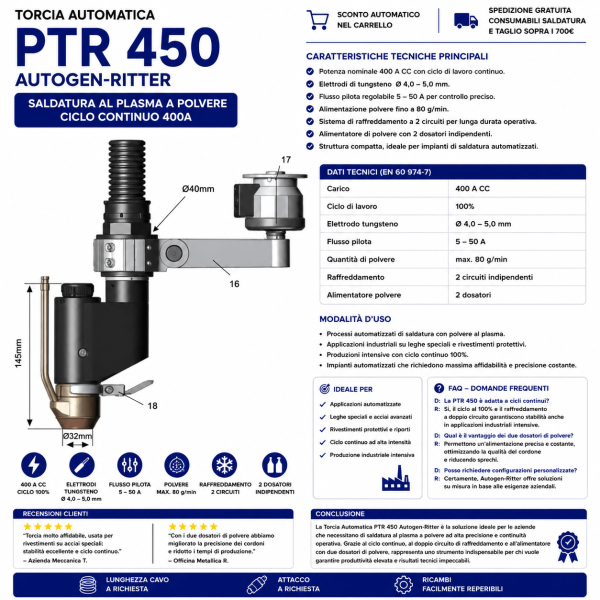 Torcia Automatica PTR 450 Autogen-Ritter è progettata per la saldatura a polvere al plasma in applicazioni automatizzate