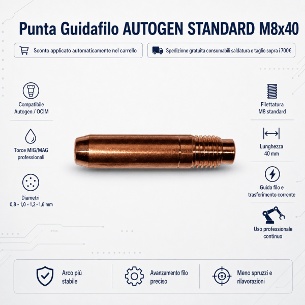 punta guidafilo AUTOGEN STANDARD M8x40 è progettata per torce MIG/MAG professionali e industriali