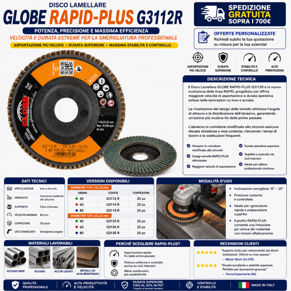 Disco lamellare GLOBE RAPID-PLUS G3112R in zirconio per inox e acciaio