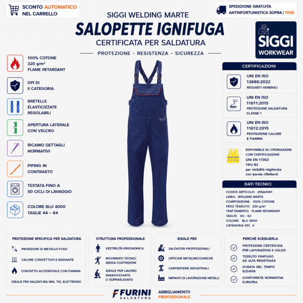 Salopette Siggi WELDING MARTE 25SA0061 è un capo tecnico progettato per operatori impegnati in attività di saldatura e lavorazioni a caldo