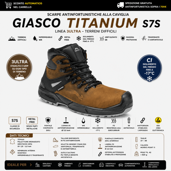 Giasco TITANIUM S7S sono scarpe antinfortunistiche alla caviglia progettate per affrontare ambienti outdoor