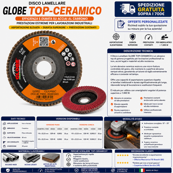 Disco lamellare GLOBE TOP-CERAMICO grana CER 40 per inox e acciaio