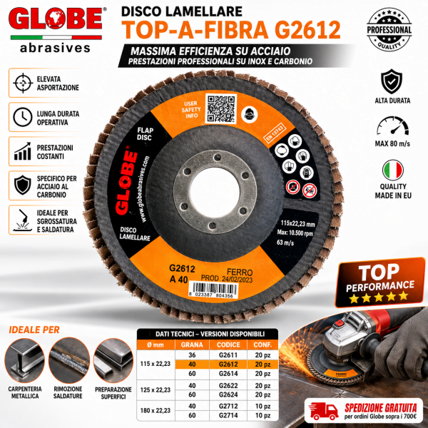 Disco lamellare GLOBE TOP-A-FIBRA G2612 in corindone per acciaio al carbonio