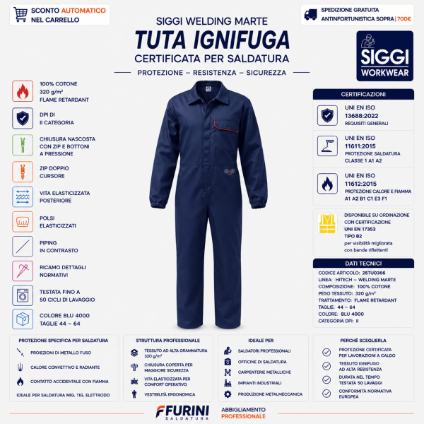 Tuta Siggi WELDING MARTE 25TU0366 è progettata per operatori impegnati in: Saldatura MIG, TIG, elettrodo Carpenteria metallica Lavorazioni industriali a caldo Officine meccaniche specializzate
