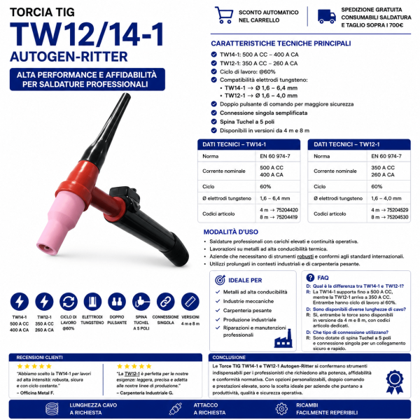 Torce TIG TW14-1 e TW12-1 Autogen-Ritter rappresentano la scelta ideale per saldatori professionisti che necessitano di strumenti affidabili