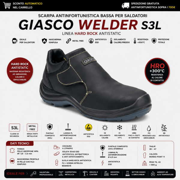 Giasco WELDER S3L è una scarpa antinfortunistica bassa professionale sviluppata specificamente per saldatura