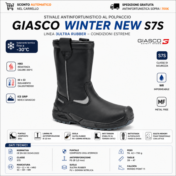 Giasco WINTER NEW S7S è uno stivale antinfortunistico professionale al polpaccio progettato per affrontare condizioni climatiche e operative estreme