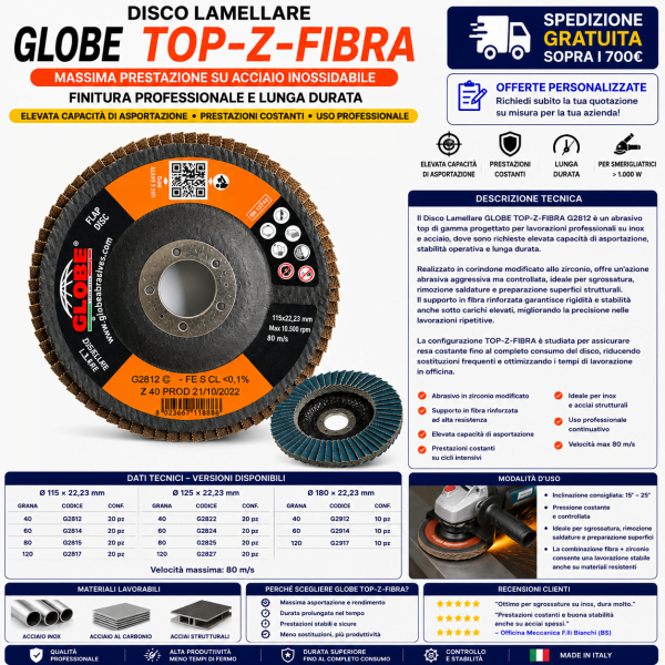 Disco lamellare GLOBE TOP-Z-FIBRA in zirconio con supporto fibra per inox e acciaio