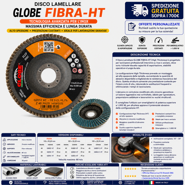 Disco lamellare GLOBE FIBRA-HT High Thickness in zirconio per inox e acciaio