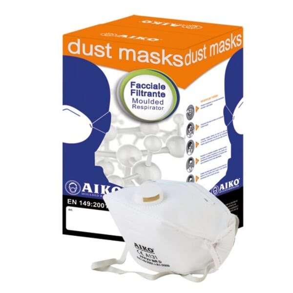 Immagine della maschera FFP2V A131 pieghevole con valvola, progettata per offrire protezione respiratoria elevata, ideale per ambienti con particelle aeree sottili o virus.