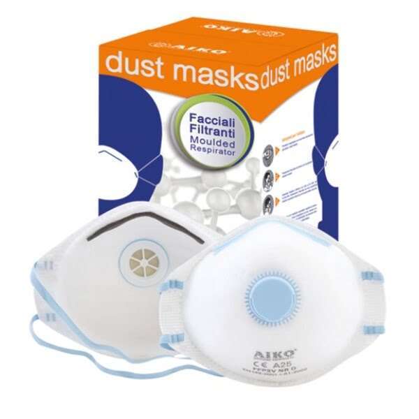 Immagine della maschera FFP2V A25 NRD con valvola, progettata per fornire una protezione respiratoria avanzata contro particelle fini, ideale per ambienti lavorativi polverosi o con aerosol