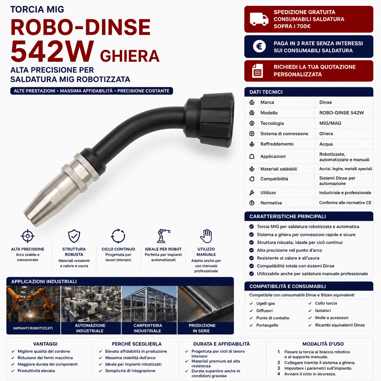 Torcia ROBO-DINSE 542W GHIERA è una torcia MIG professionale ad alte prestazioni