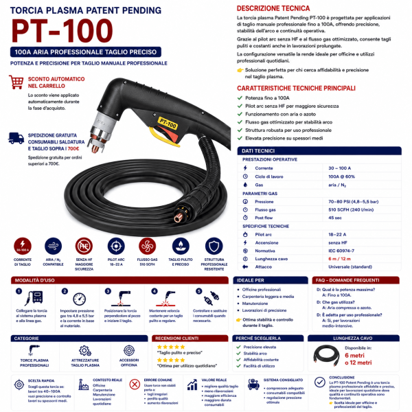 torcia plasma Patent Pending PT-100 è progettata per applicazioni di taglio manuale professionale fino a 100A