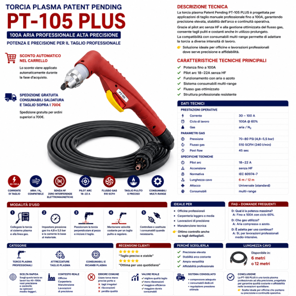 torcia plasma Patent Pending PT-105 PLUS è progettata per applicazioni di taglio manuale professionale