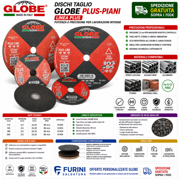 Dischi da taglio piani GLOBE 2,5 mm per acciaio inox e materiali edili