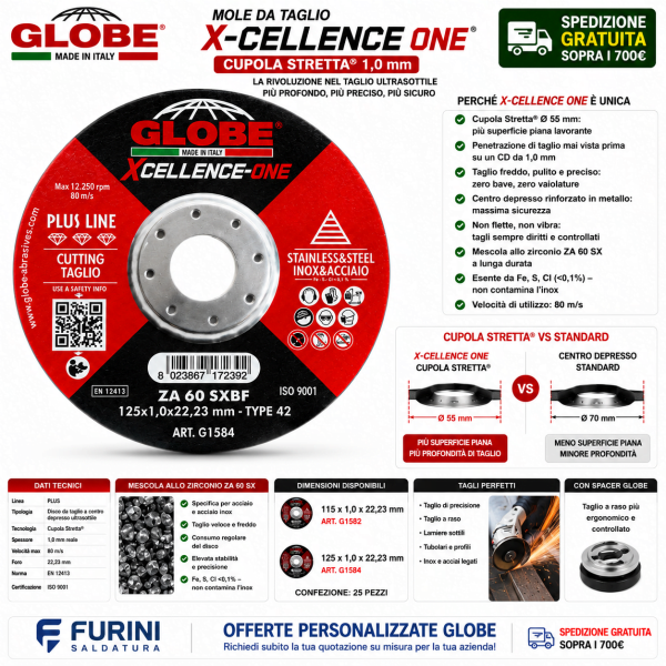 Mola GLOBE X-CELLENCE ONE ZA 60 SX 1 mm con Cupola Stretta per taglio acciaio inox